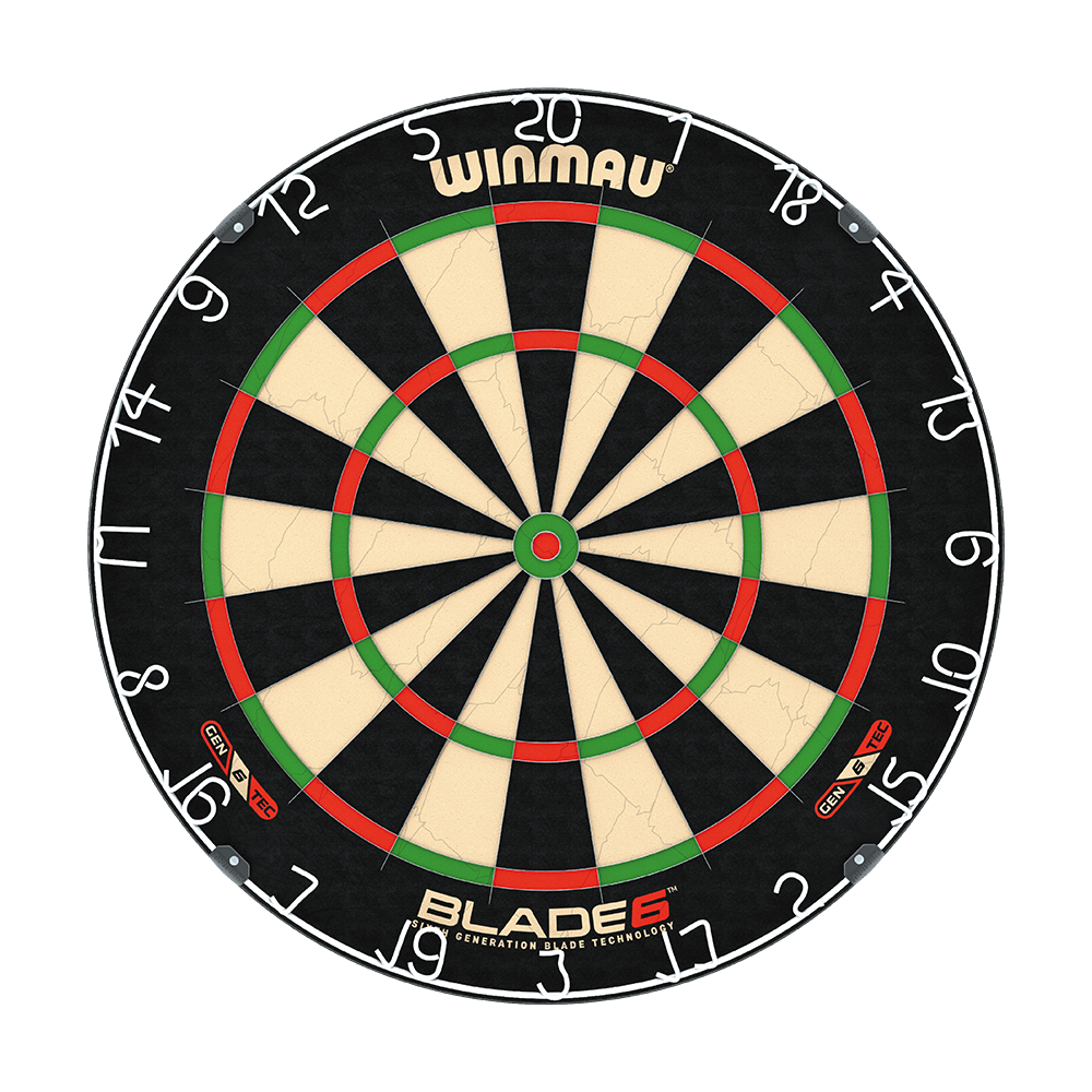 Das Bild zeigt eine Winmau Blade 6 Steeldartboard. Die Dartscheibe hat klassische schwarze, weiße, rote und grüne Felder mit gut sichtbaren Zahlen rundherum.